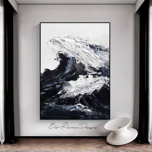 Ex Animo Designs -  Hand-Painted Black and White Textured Wave Painting