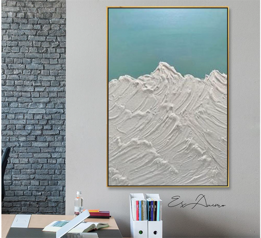 Ex Animo Designs - Abstract Thick Texture White Mountain Peaks Canvas Painting